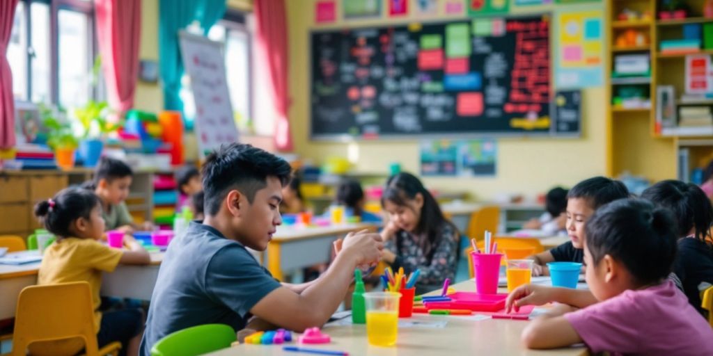 Ruang kelas yang ceria dengan siswa-siswa aktif belajar.