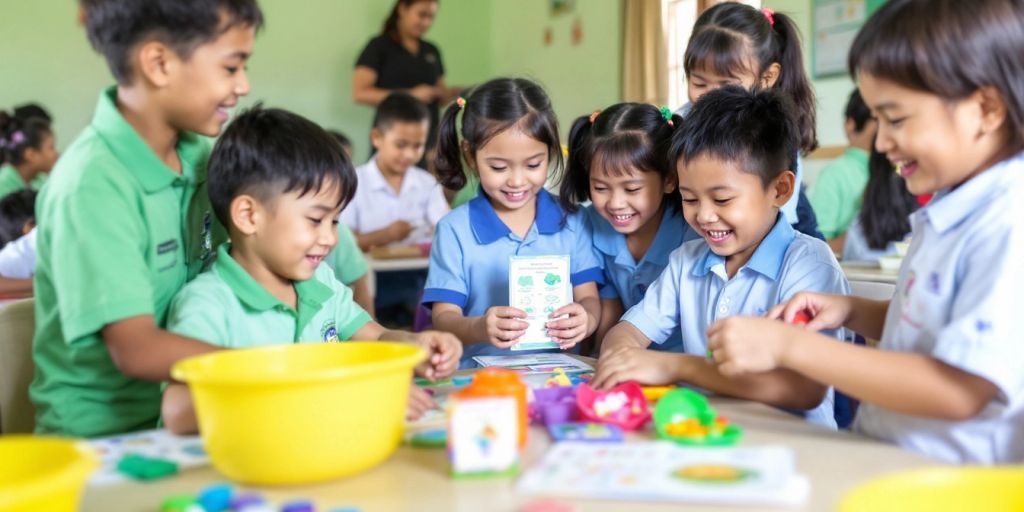 Kelas ceria dengan siswa aktif belajar bersama.