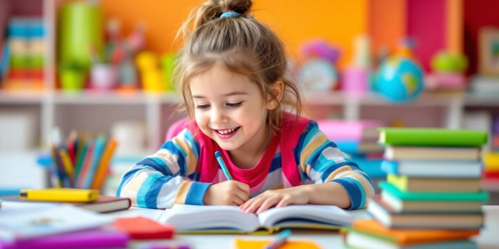 Anak belajar dengan semangat dan buku berwarna-warni.