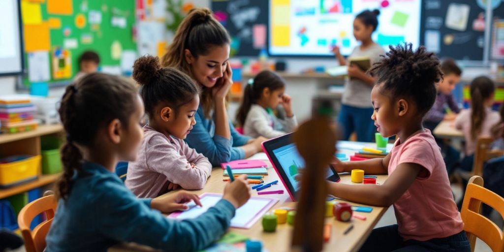 Kelas dengan siswa menggunakan teknologi modern untuk belajar.