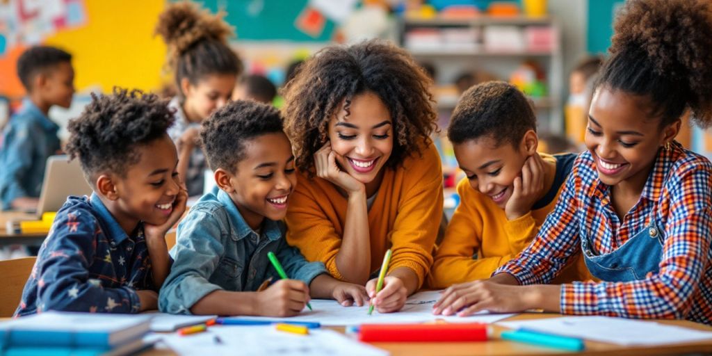 Kelas yang penuh semangat dengan siswa belajar bersama.