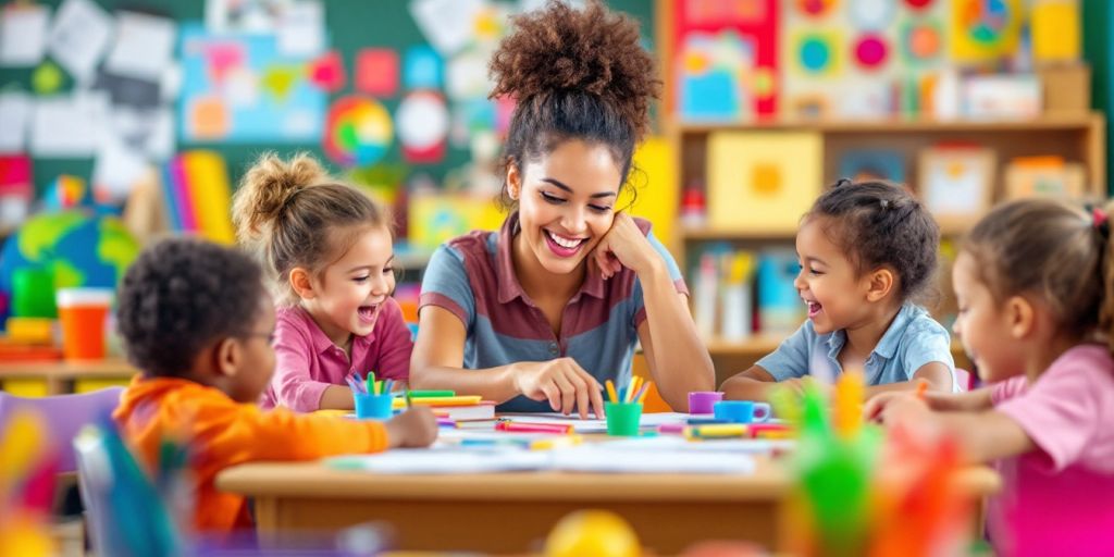 Anak-anak belajar di kelas dengan semangat.